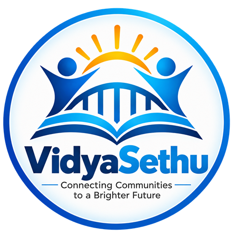 VidyaSethu logo: two people raising their arms beneath a rising sun, above a bridge and an open book